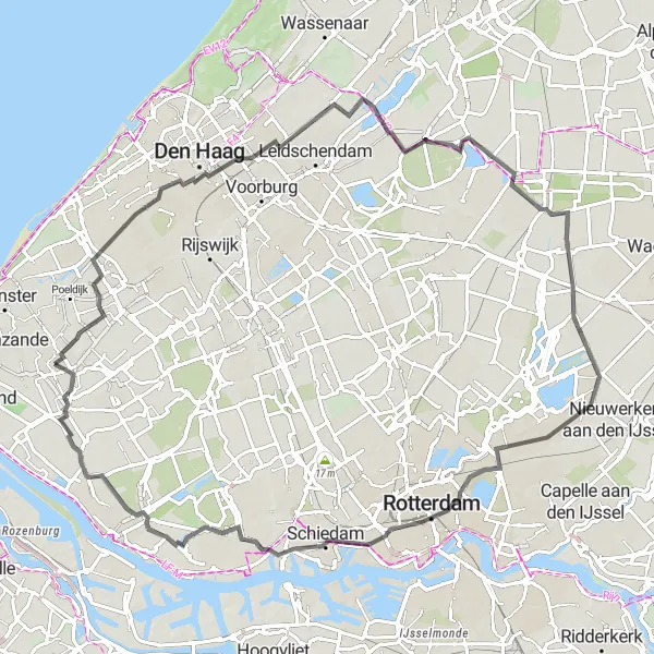 Map miniature of "Exploring Honselersdijk and Beyond" cycling inspiration in Zuid-Holland, Netherlands. Generated by Tarmacs.app cycling route planner