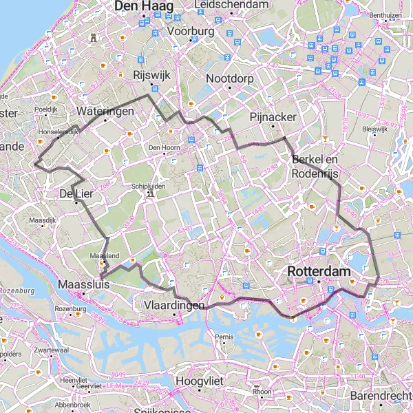 Map miniature of "Westland and Beyond" cycling inspiration in Zuid-Holland, Netherlands. Generated by Tarmacs.app cycling route planner