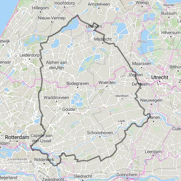 Map miniature of "Road Trip Through Zuid-Holland" cycling inspiration in Zuid-Holland, Netherlands. Generated by Tarmacs.app cycling route planner