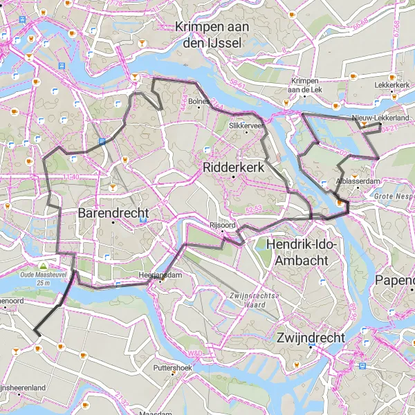 Map miniature of "Rijsoord and Kinderdijk Adventure" cycling inspiration in Zuid-Holland, Netherlands. Generated by Tarmacs.app cycling route planner