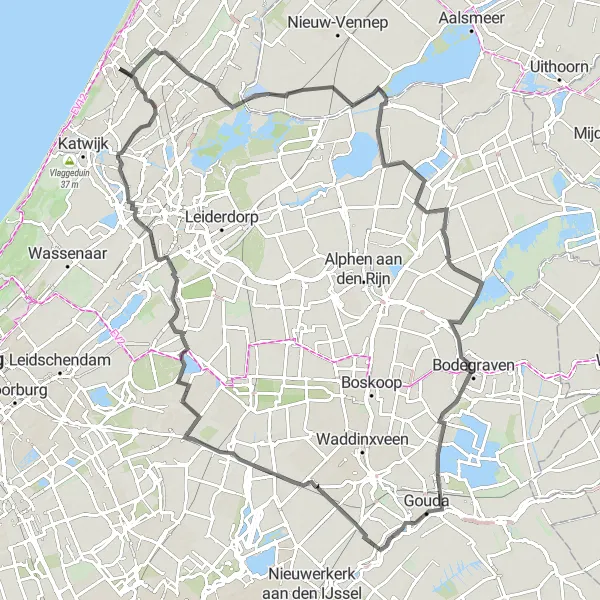 Map miniature of "Around Noordwijk: Road Cycling Adventure" cycling inspiration in Zuid-Holland, Netherlands. Generated by Tarmacs.app cycling route planner