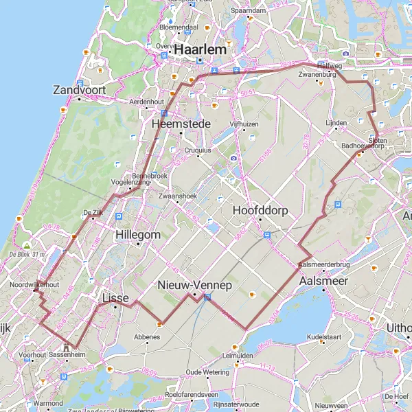 Miniatuurkaart van de fietsinspiratie "Gravelroute via Halfweg en Lisse" in Zuid-Holland, Netherlands. Gemaakt door de Tarmacs.app fietsrouteplanner