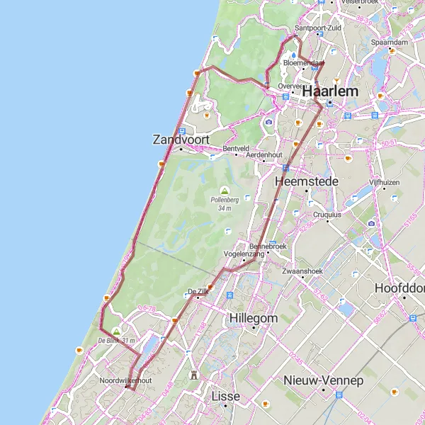 Miniatuurkaart van de fietsinspiratie "Gravelroute via Haarlem en Bennebroek" in Zuid-Holland, Netherlands. Gemaakt door de Tarmacs.app fietsrouteplanner