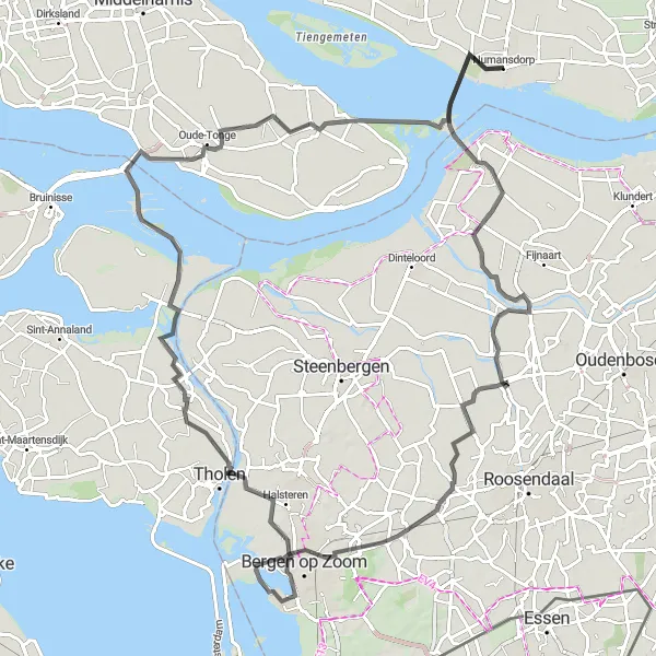 Map miniature of "Numansdorp to Bergen op Zoom" cycling inspiration in Zuid-Holland, Netherlands. Generated by Tarmacs.app cycling route planner