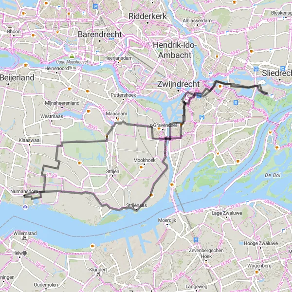 Map miniature of "Numansdorp to Huis te Merwede Loop" cycling inspiration in Zuid-Holland, Netherlands. Generated by Tarmacs.app cycling route planner