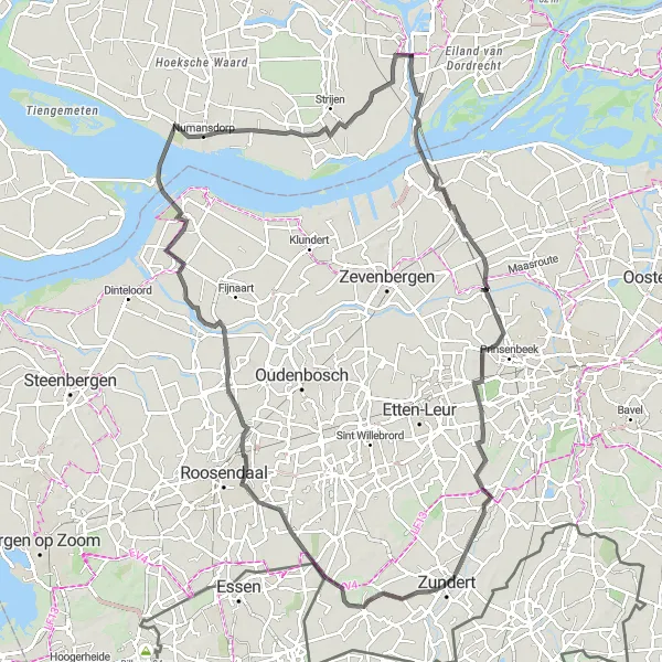 Miniatuurkaart van de fietsinspiratie "Rondje Numansdorp - Zevenbergschen Hoek - Oud Gastel - Fort Buitensluis" in Zuid-Holland, Netherlands. Gemaakt door de Tarmacs.app fietsrouteplanner