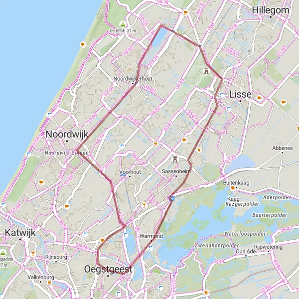 Map miniature of "Gravel Tour of Noordwijk and Keukenhofmolen" cycling inspiration in Zuid-Holland, Netherlands. Generated by Tarmacs.app cycling route planner