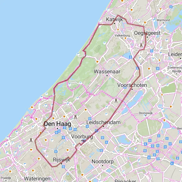 Map miniature of "Gravel Adventure to Oegstgeest" cycling inspiration in Zuid-Holland, Netherlands. Generated by Tarmacs.app cycling route planner