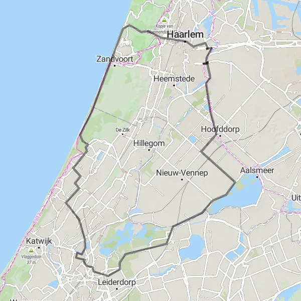 Map miniature of "The Coastal Journey" cycling inspiration in Zuid-Holland, Netherlands. Generated by Tarmacs.app cycling route planner