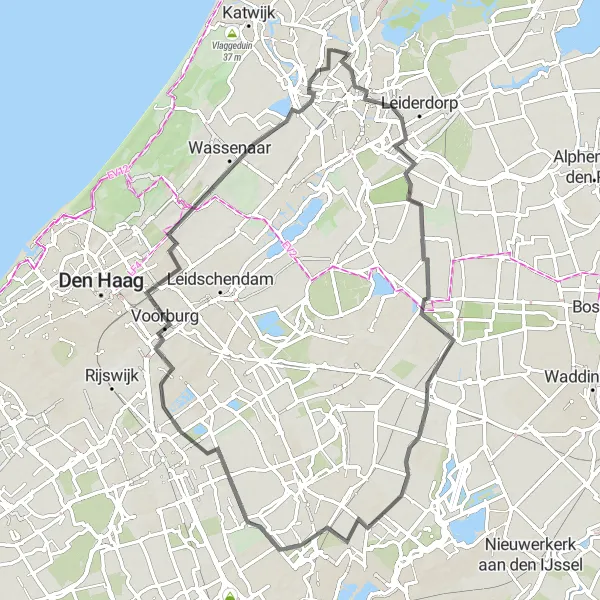 Miniatuurkaart van de fietsinspiratie "Historisch Leiden naar Endegeest Route" in Zuid-Holland, Netherlands. Gemaakt door de Tarmacs.app fietsrouteplanner