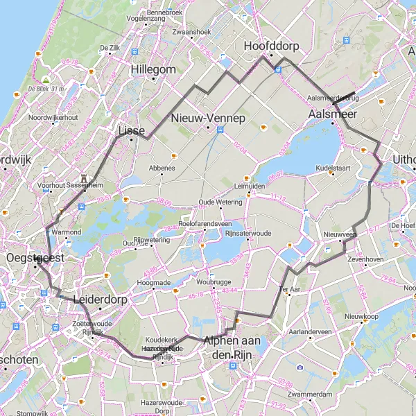 Map miniature of "Road Cycling to Leiden and Scheveningen" cycling inspiration in Zuid-Holland, Netherlands. Generated by Tarmacs.app cycling route planner