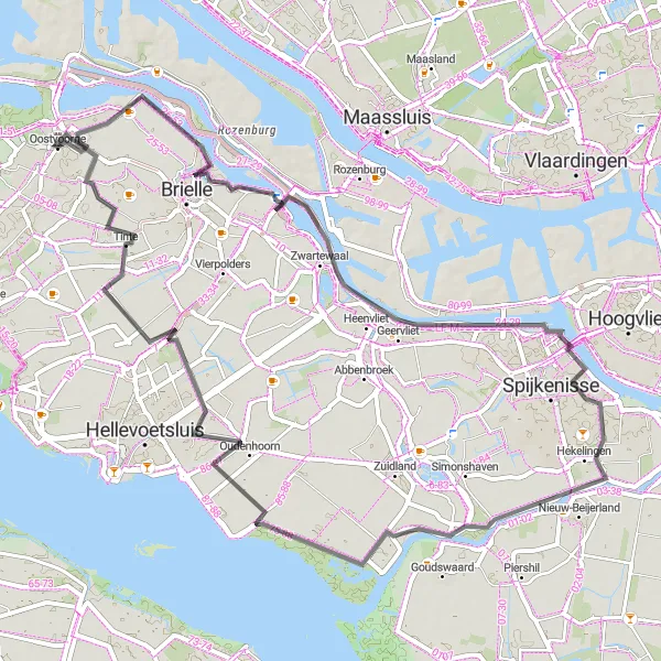 Map miniature of "Oostvoorne - De Kogeloven - Bastion IX - Zwartewaal - Hekelingen - Oudenhoorn - Tinte - Jacobaburcht" cycling inspiration in Zuid-Holland, Netherlands. Generated by Tarmacs.app cycling route planner