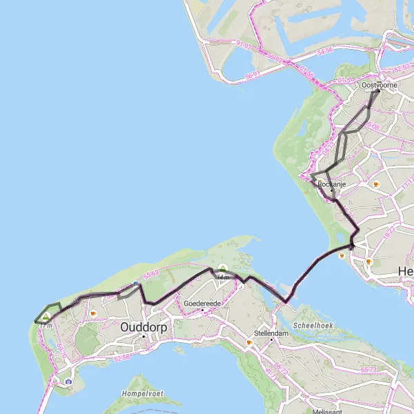 Map miniature of "Oostvoorne - Kiekgat - Vogelkijkhut" cycling inspiration in Zuid-Holland, Netherlands. Generated by Tarmacs.app cycling route planner