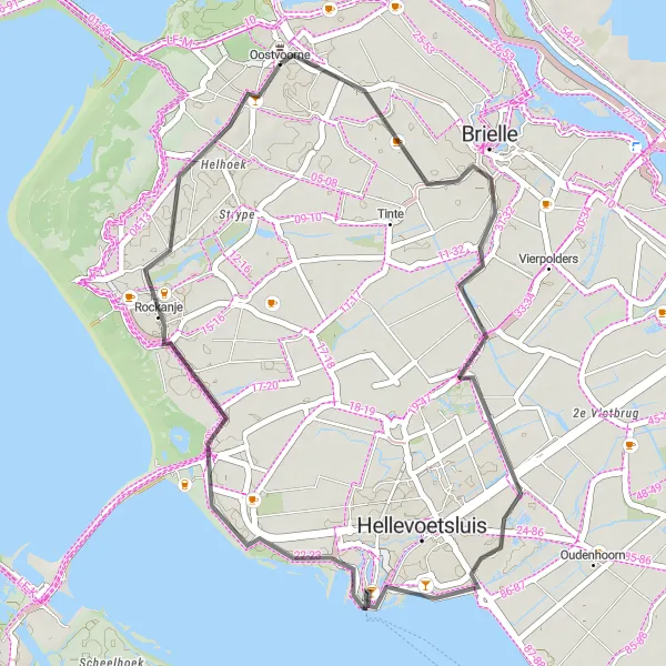 Map miniature of "Oostvoorne - Brielle - Helhoek" cycling inspiration in Zuid-Holland, Netherlands. Generated by Tarmacs.app cycling route planner