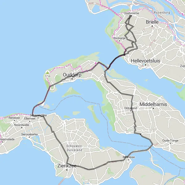 Map miniature of "Oostvoorne - Battenoord - Capelle - Goedereede - Helhoek" cycling inspiration in Zuid-Holland, Netherlands. Generated by Tarmacs.app cycling route planner