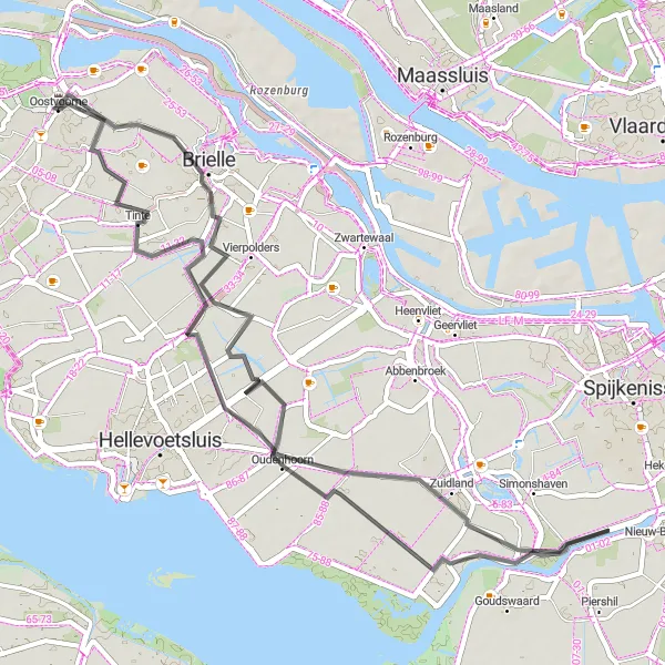 Miniatuurkaart van de fietsinspiratie "Rondje Tinte - Oudenhoorn - Zuidland - Brielle" in Zuid-Holland, Netherlands. Gemaakt door de Tarmacs.app fietsrouteplanner
