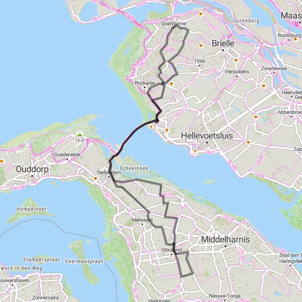 Miniatuurkaart van de fietsinspiratie "Rondje Oostvoorne - Dirksland - Stellendam" in Zuid-Holland, Netherlands. Gemaakt door de Tarmacs.app fietsrouteplanner