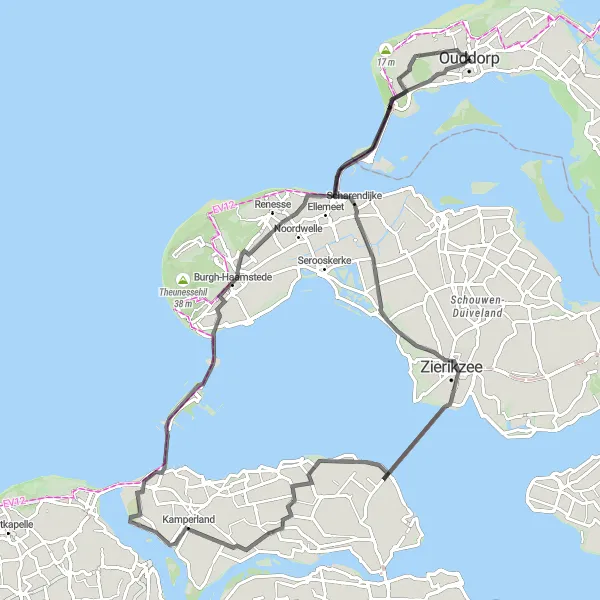 Map miniature of "Elkerzee - Colijnsplaat - Stroodorp - Stormvloedkering - Slot Haamstede - Ouddorp" cycling inspiration in Zuid-Holland, Netherlands. Generated by Tarmacs.app cycling route planner