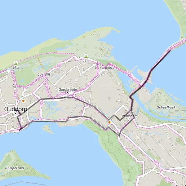 Map miniature of "Slikken van Flakkee - Stellendam - Kop van Goeree - 't Kiekgat - Vogelkijkhut - Goedereede" cycling inspiration in Zuid-Holland, Netherlands. Generated by Tarmacs.app cycling route planner