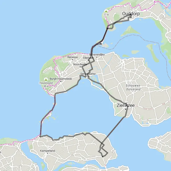 Map miniature of "Oudeland - Serooskerke - Wissenkerke - Burghsluis - Plompe Toren - Vogelkijkscherm - Ouddorp" cycling inspiration in Zuid-Holland, Netherlands. Generated by Tarmacs.app cycling route planner