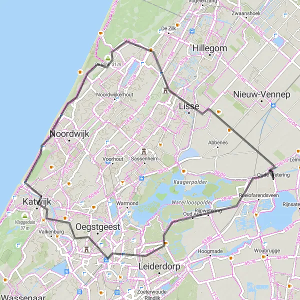 Miniatuurkaart van de fietsinspiratie "Historische dorpen en polders rond Oude Wetering" in Zuid-Holland, Netherlands. Gemaakt door de Tarmacs.app fietsrouteplanner