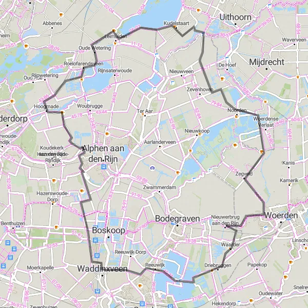 Map miniature of "Oude Wetering to Roelofarendsveen Loop" cycling inspiration in Zuid-Holland, Netherlands. Generated by Tarmacs.app cycling route planner