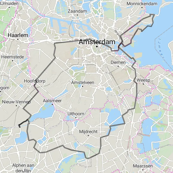 Map miniature of "Amsterdam to Vinkeveen Adventure" cycling inspiration in Zuid-Holland, Netherlands. Generated by Tarmacs.app cycling route planner