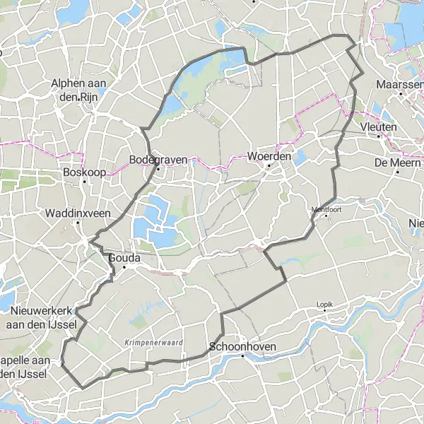 Map miniature of "Rivers and Villages" cycling inspiration in Zuid-Holland, Netherlands. Generated by Tarmacs.app cycling route planner