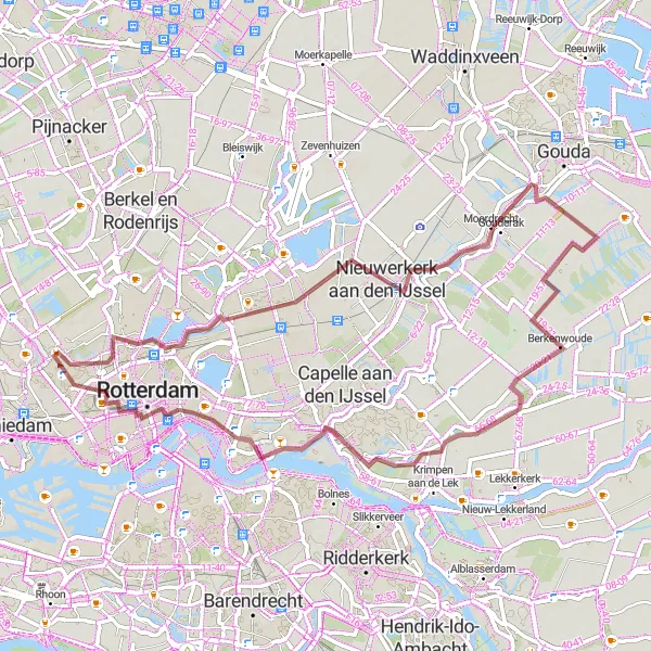 Miniatuurkaart van de fietsinspiratie "Gravelroute langs Miniworld Rotterdam en Nieuwerkerk aan den IJssel" in Zuid-Holland, Netherlands. Gemaakt door de Tarmacs.app fietsrouteplanner