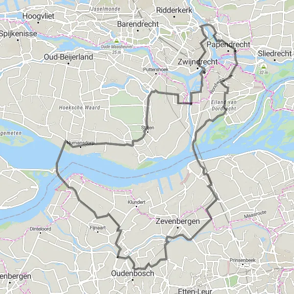 Map miniature of "Cycling through the scenic landscapes of Dordrecht and beyond" cycling inspiration in Zuid-Holland, Netherlands. Generated by Tarmacs.app cycling route planner