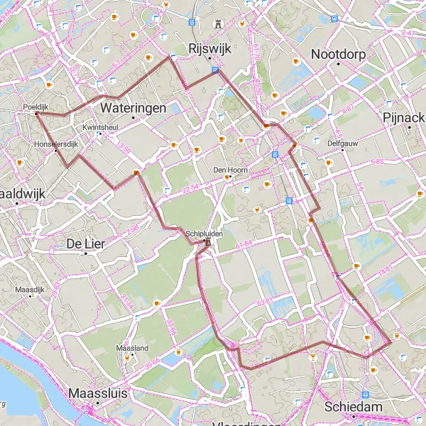 Miniatuurkaart van de fietsinspiratie "Poeldijk naar Honselersdijk via gravelroutes" in Zuid-Holland, Netherlands. Gemaakt door de Tarmacs.app fietsrouteplanner