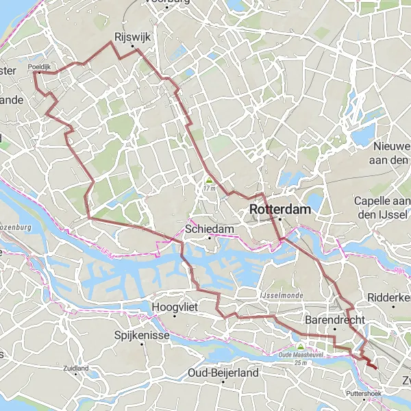 Map miniature of "Delft's Gravel Extravaganza" cycling inspiration in Zuid-Holland, Netherlands. Generated by Tarmacs.app cycling route planner