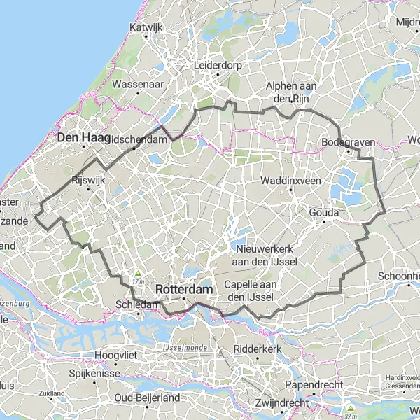 Map miniature of "The Westland Gran Fondo: Exploring the Greenhouse Capital" cycling inspiration in Zuid-Holland, Netherlands. Generated by Tarmacs.app cycling route planner