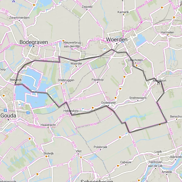 Miniatuurkaart van de fietsinspiratie "Rondje Montfoort en Oudewater" in Zuid-Holland, Netherlands. Gemaakt door de Tarmacs.app fietsrouteplanner