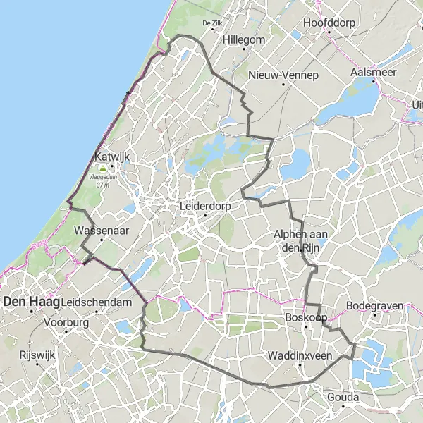 Map miniature of "Tulip Fields and Coastal Delights Tour" cycling inspiration in Zuid-Holland, Netherlands. Generated by Tarmacs.app cycling route planner