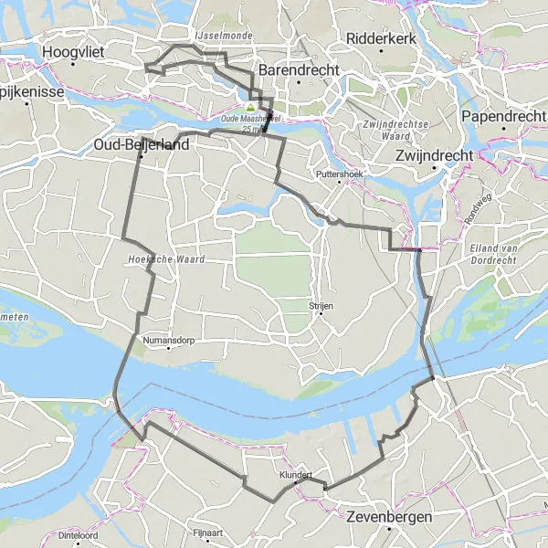 Map miniature of "Oude Maasheuvel and Volkerak Road Loop" cycling inspiration in Zuid-Holland, Netherlands. Generated by Tarmacs.app cycling route planner