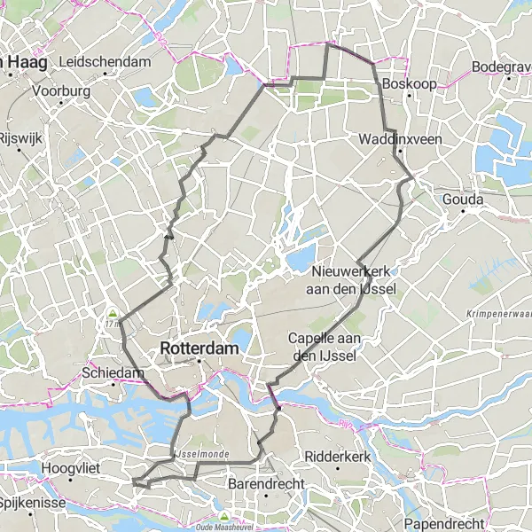 Map miniature of "Roads Less Traveled" cycling inspiration in Zuid-Holland, Netherlands. Generated by Tarmacs.app cycling route planner