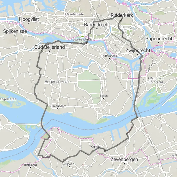 Miniatuurkaart van de fietsinspiratie "Ridderkerk naar Barendrecht via Grote Kerkstoren en Fort Sabina Henrica" in Zuid-Holland, Netherlands. Gemaakt door de Tarmacs.app fietsrouteplanner