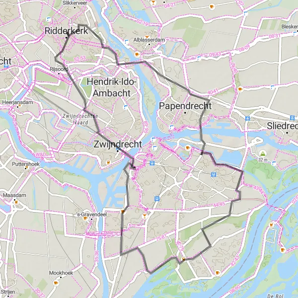 Miniatuurkaart van de fietsinspiratie "Ridderkerk naar Ridderkerk via Huis te Merwede en Grote Kerkstoren" in Zuid-Holland, Netherlands. Gemaakt door de Tarmacs.app fietsrouteplanner