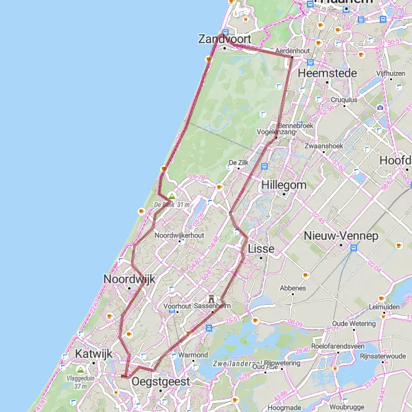 Miniatuurkaart van de fietsinspiratie "Gravelroute door Noordwijk en Sassenheim" in Zuid-Holland, Netherlands. Gemaakt door de Tarmacs.app fietsrouteplanner