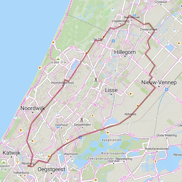 Miniatuurkaart van de fietsinspiratie "Gravelroute door Noordwijkerhout en Oegstgeest" in Zuid-Holland, Netherlands. Gemaakt door de Tarmacs.app fietsrouteplanner