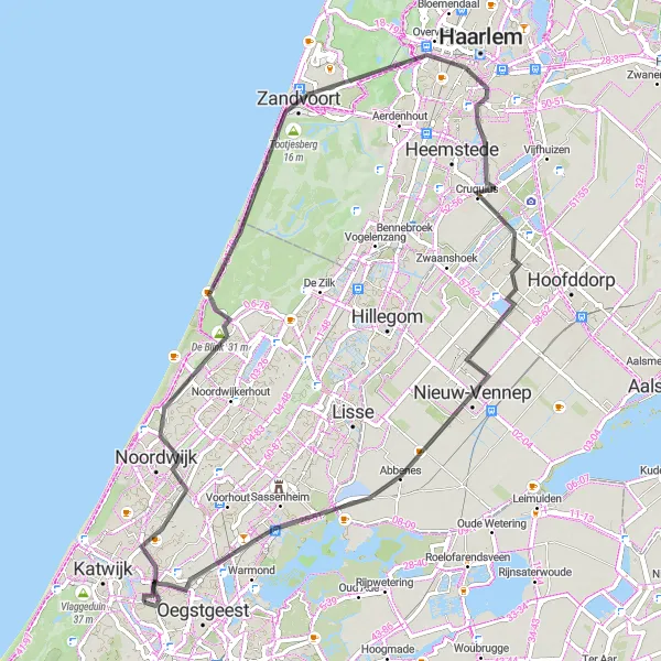 Miniatuurkaart van de fietsinspiratie "Wegroute van Rijnsburg naar Sassenheim" in Zuid-Holland, Netherlands. Gemaakt door de Tarmacs.app fietsrouteplanner