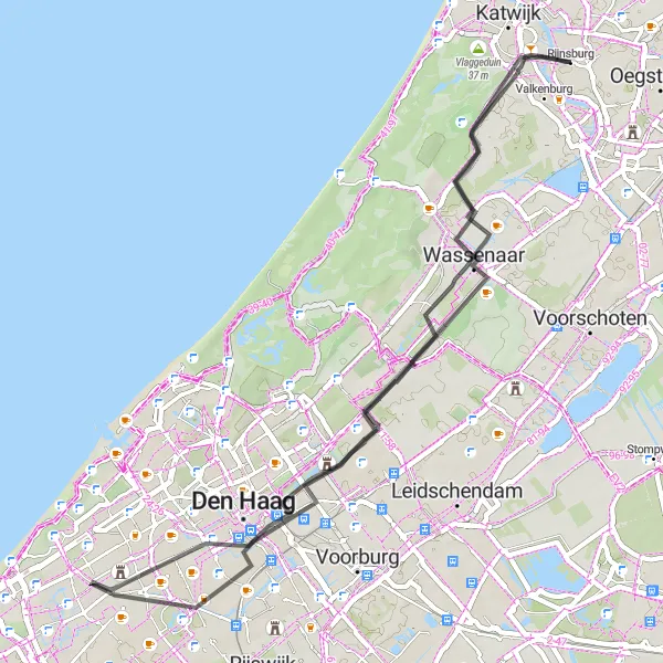 Map miniature of "Rijnsburg Adventure" cycling inspiration in Zuid-Holland, Netherlands. Generated by Tarmacs.app cycling route planner