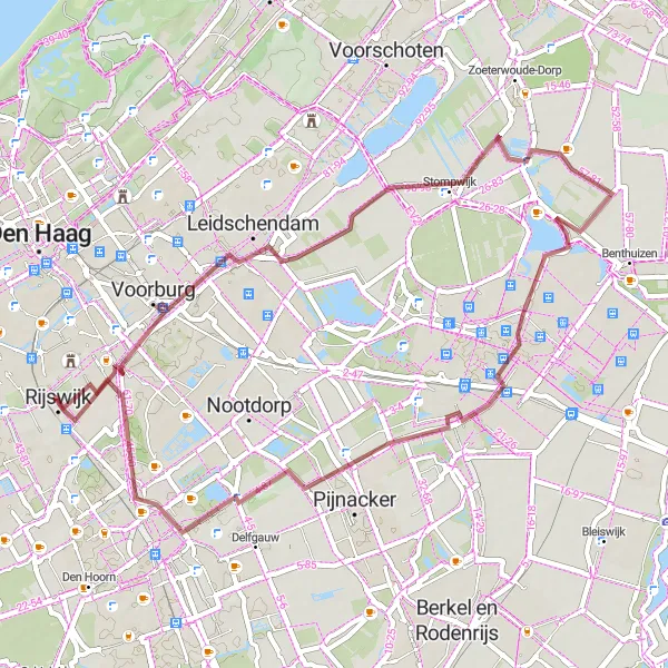 Map miniature of "Picturesque Gravel Adventure" cycling inspiration in Zuid-Holland, Netherlands. Generated by Tarmacs.app cycling route planner