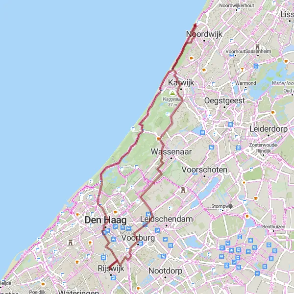 Miniatuurkaart van de fietsinspiratie "Gravelroute van Voorburg naar Noordwijk aan Zee" in Zuid-Holland, Netherlands. Gemaakt door de Tarmacs.app fietsrouteplanner