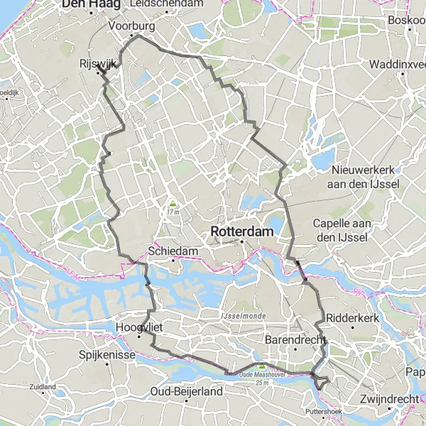 Map miniature of "Around Rotterdam" cycling inspiration in Zuid-Holland, Netherlands. Generated by Tarmacs.app cycling route planner