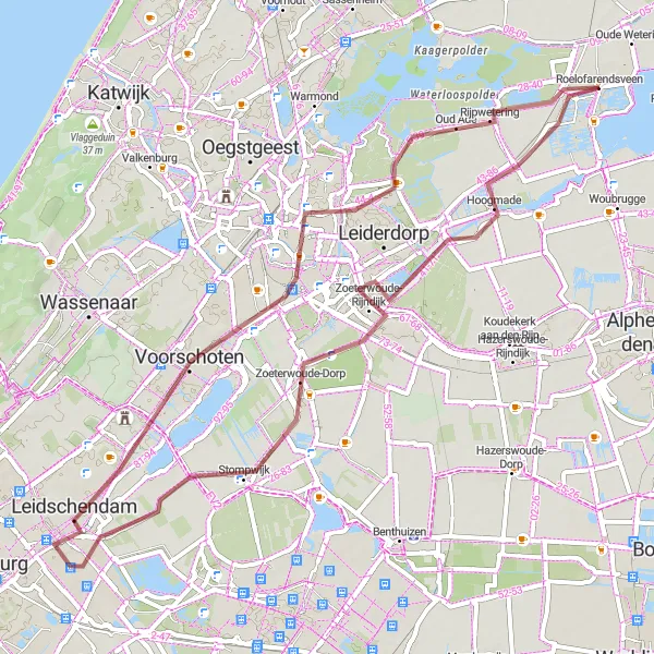 Miniatuurkaart van de fietsinspiratie "Grindpaden rond Leiden" in Zuid-Holland, Netherlands. Gemaakt door de Tarmacs.app fietsrouteplanner