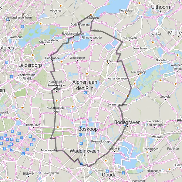 Map miniature of "The Windmills and Villages" cycling inspiration in Zuid-Holland, Netherlands. Generated by Tarmacs.app cycling route planner