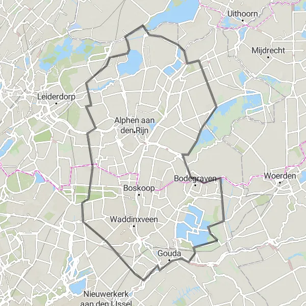 Map miniature of "The Dutch Waterways" cycling inspiration in Zuid-Holland, Netherlands. Generated by Tarmacs.app cycling route planner