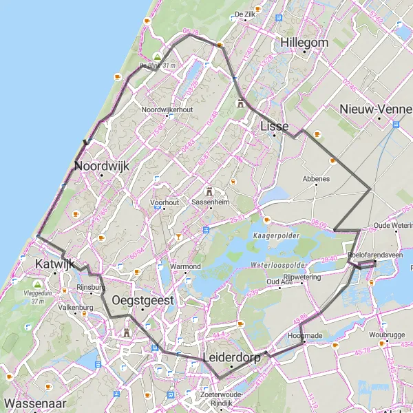 Map miniature of "Roelofarendsveen - Leiden - Katwijk aan den Rijn - Keukenhofmolen - Lisse Route" cycling inspiration in Zuid-Holland, Netherlands. Generated by Tarmacs.app cycling route planner